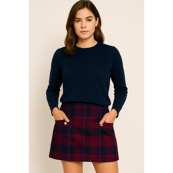 LOFT Plaid Wool Blend Mini Skirt Pink Navy Check Holiday Skirt Size 10 - Picture 1 of 7
